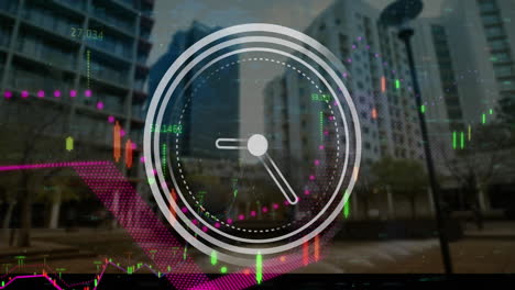 animation of financial data processing and clock ticking over cityscape