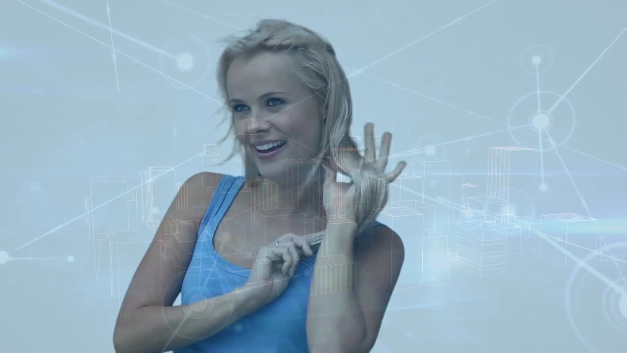 анимация линий, соединяющих точки над портретом белой счастливой молодой женщины, играющей с волосами