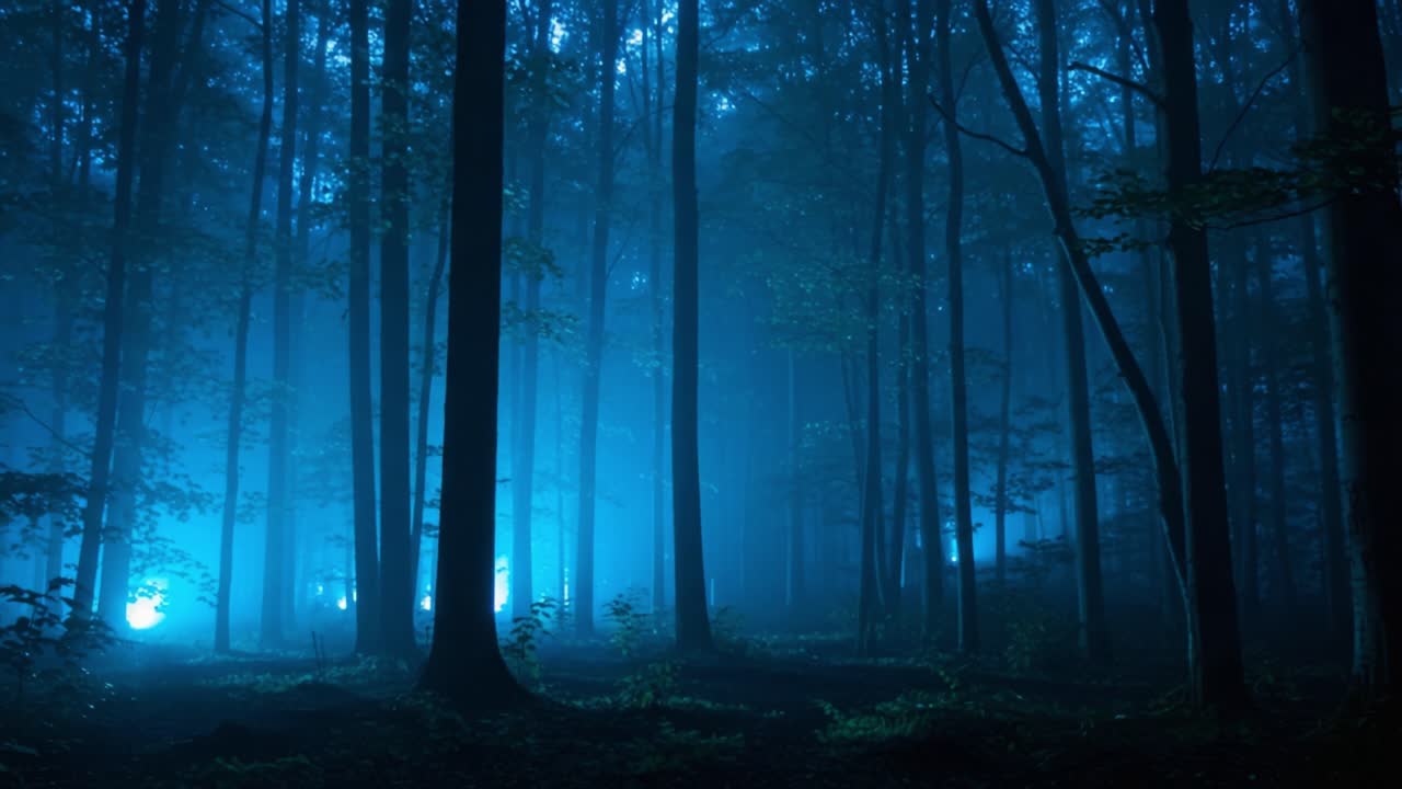 Mysterious Blue-Hued Forest Scene Capturing Shadows and Light, Enveloped in Enigmatic Fog with Tall Trees Silhouetted Against an Ethereal Glow