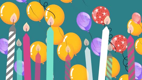 Animation-of-candles-over-colorful-balloons-on-green-background