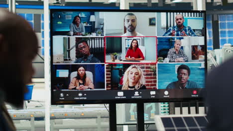 shareholders in photovoltaics plant analyze market trends during videocall