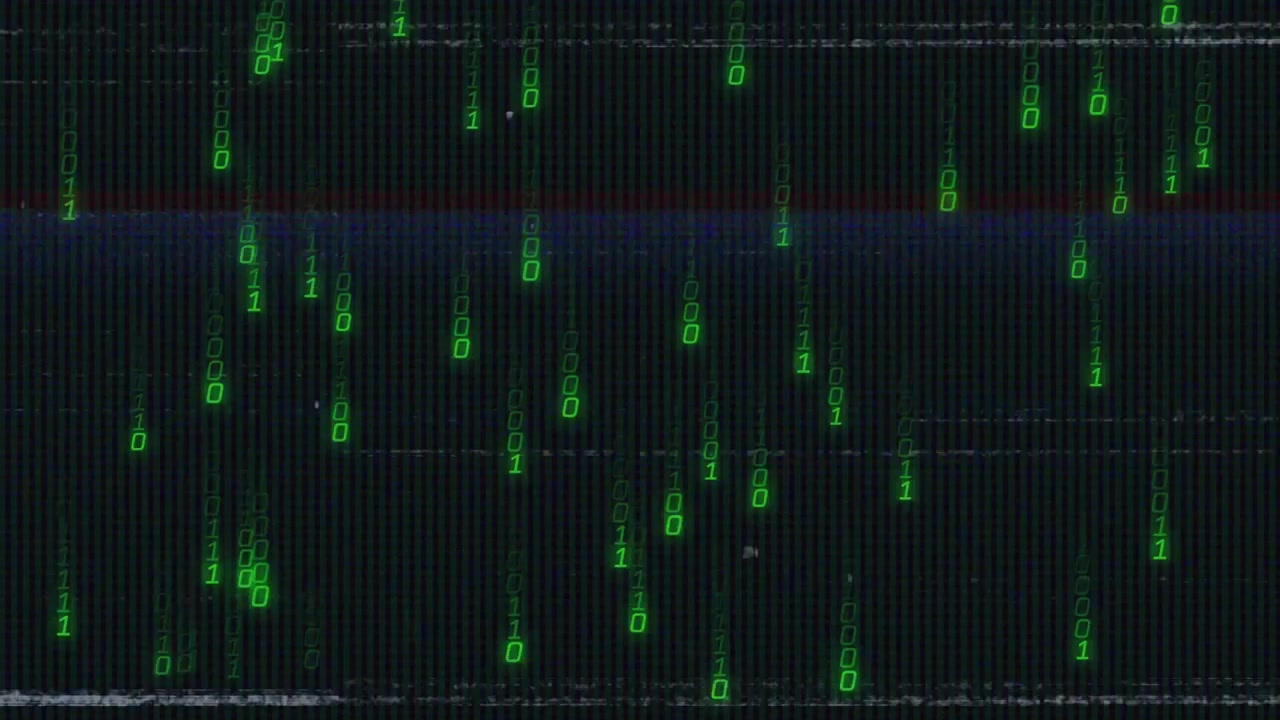 Static lines flickering and purple band initiating streaming green binary digits visualizing data