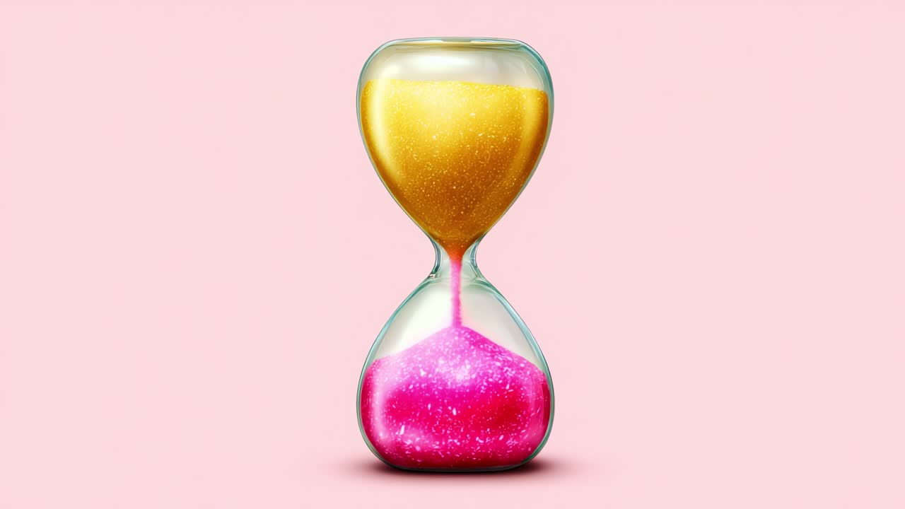 A Sparkling Hourglass Capturing the Essence of Time, Featuring Shimmering Golden and Pink Sand, Against a Soft Pink Background, Signifying the Passage of Moments and Transience
