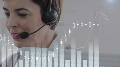 animación del procesamiento de datos financieros y estadísticos sobre una mujer de negocios con auriculares de teléfono