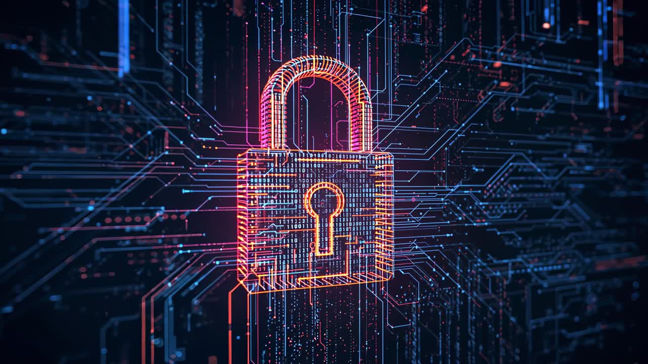 Emerging wireframe padlock pulsing neon traces, bars, panning in cyberspace with nodes for security