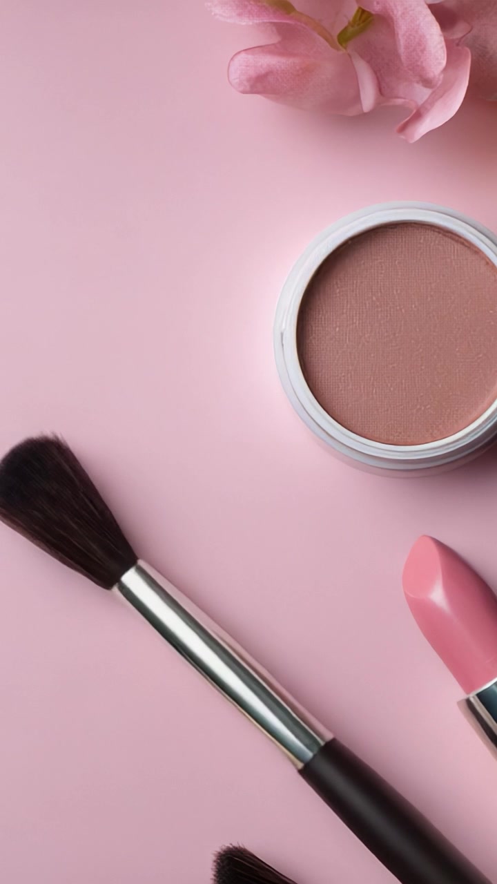 Beautiful Makeup Accessories on a Soft Pink Background Featuring Makeup Brushes, Blush, and Lipstick with Flowers for a Fashionable Aesthetic