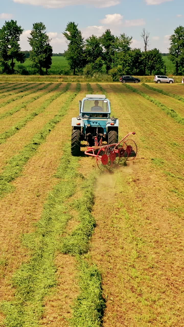 Agricultural process with green grass in the field. Tractor is working in summer on the grassland in a sunny day. Vertical video
