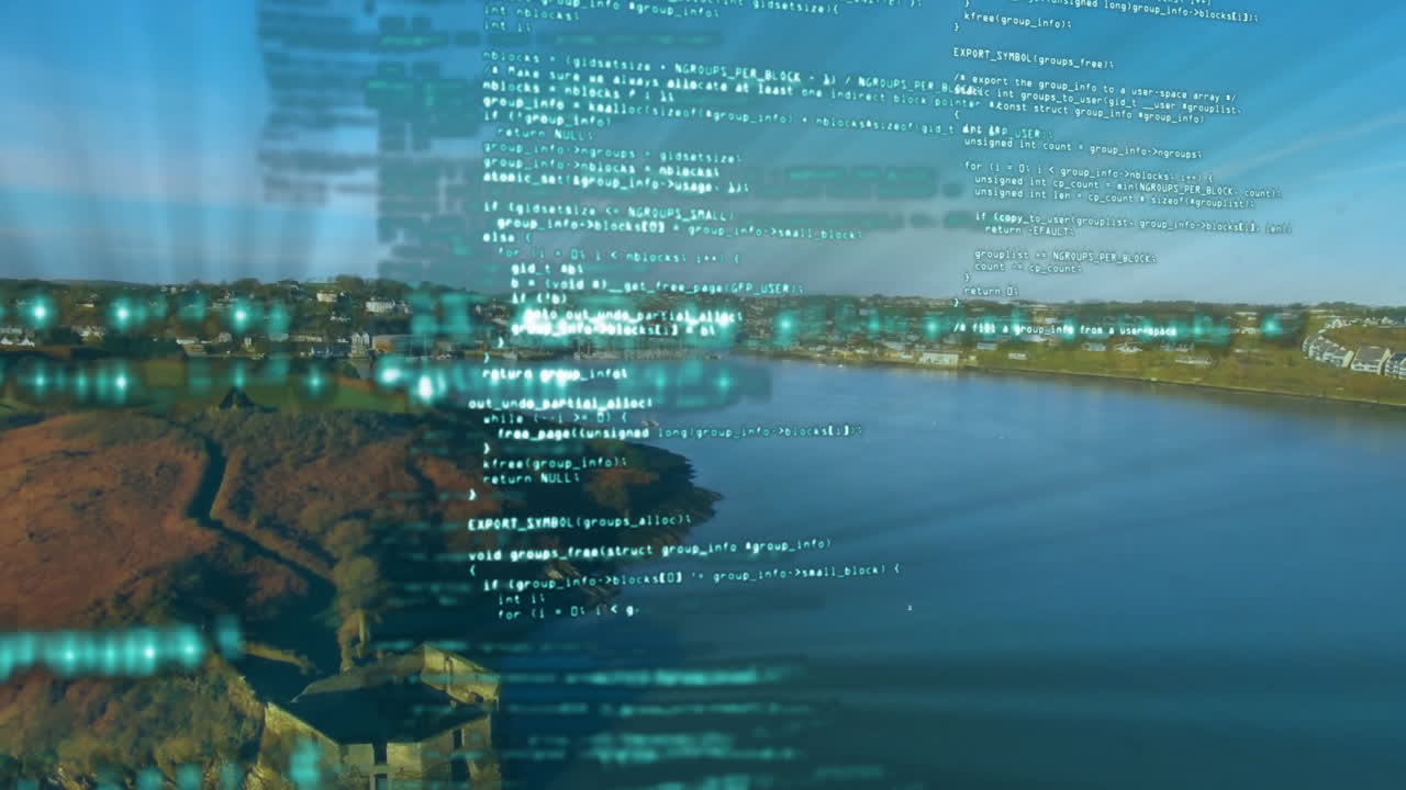 Stone fortress ruin being animated on lakeside hill, with tech code overlay streaming in 3D