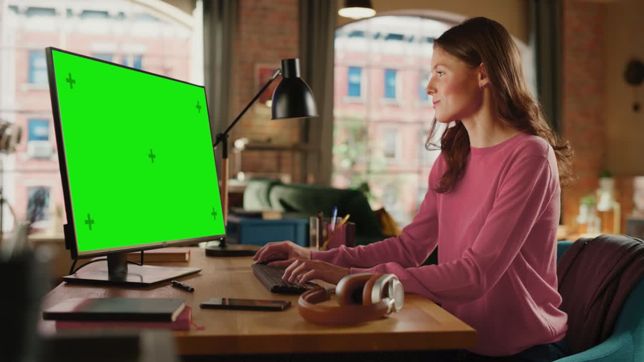 joven mujer bonita trabajando desde casa en una computadora de escritorio con pantalla verde. mujer creativa revisando redes sociales, navegando por internet. apartamento loft con vista a la ciudad desde una gran ventana.
