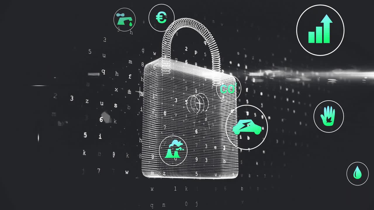 Wireframe padlock rotating and tilting as data stream triggers icons orbiting to show security data