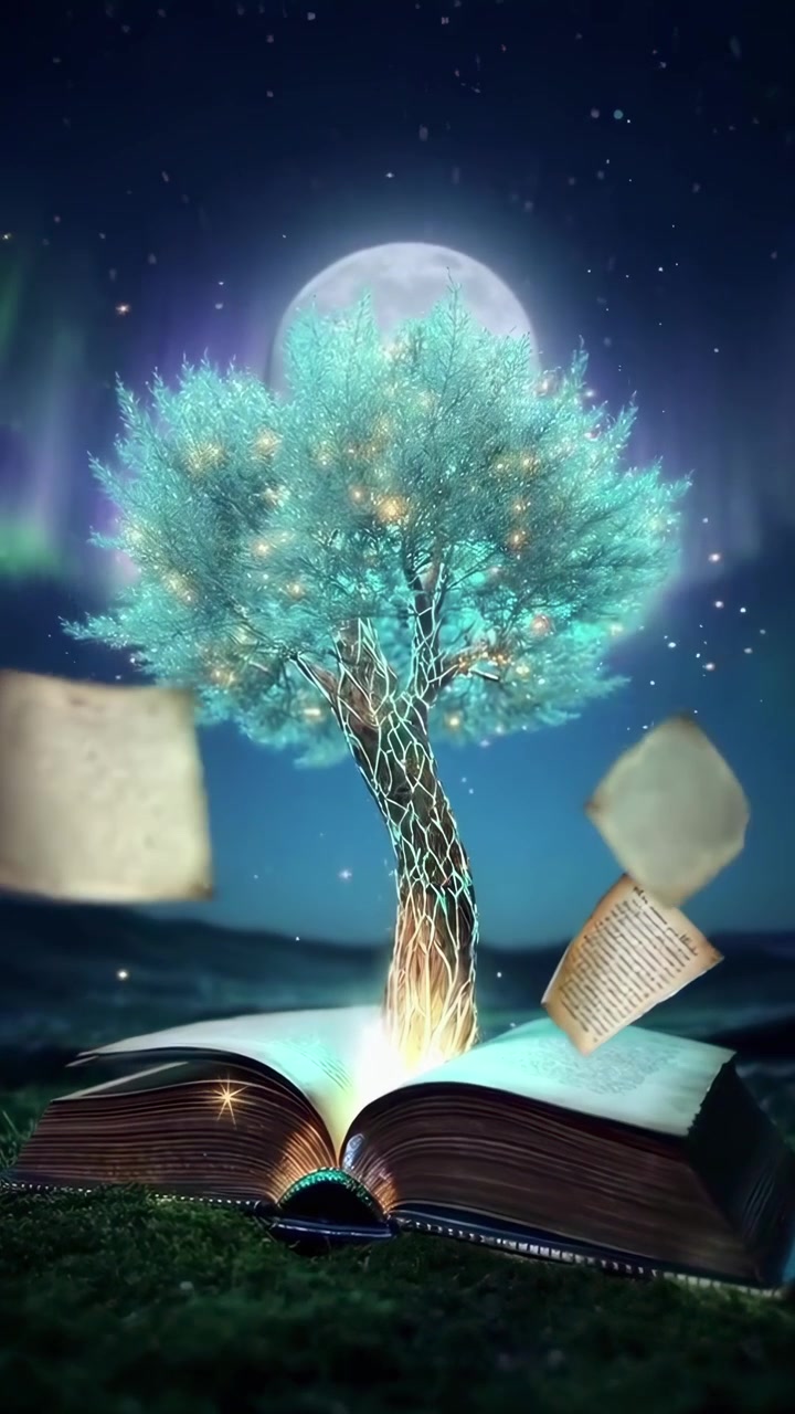 Albero magico luminoso che emerge da un libro aperto di notte
