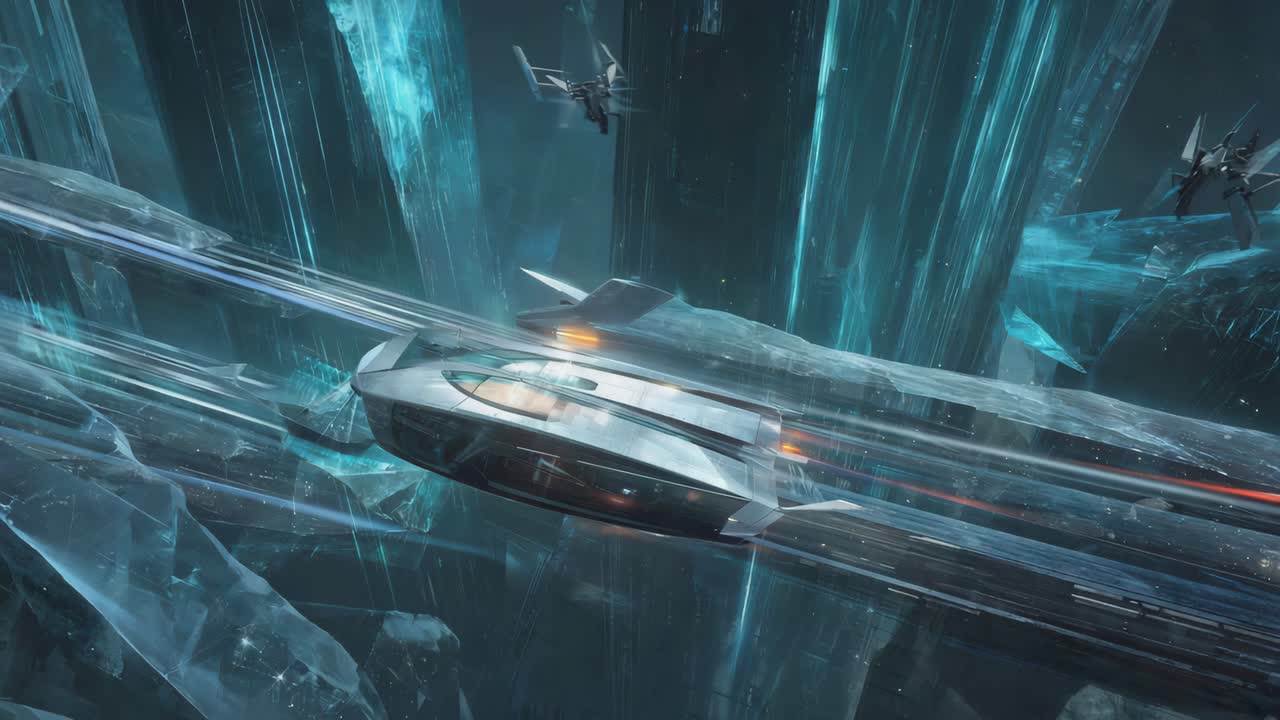Futuristic Spaceships Flying Through a Crystalline Environment