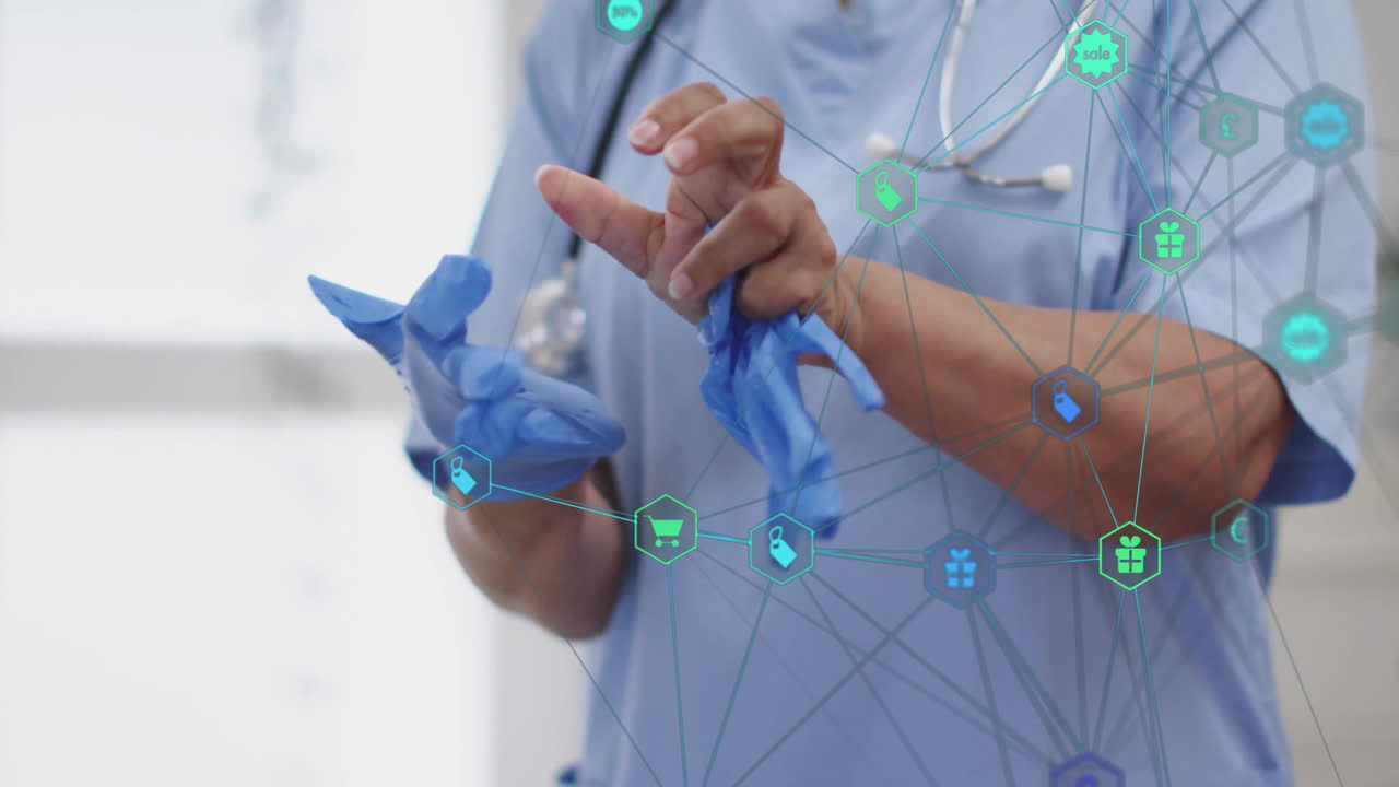 Medical professional wearing gloves with network of healthcare icons animation