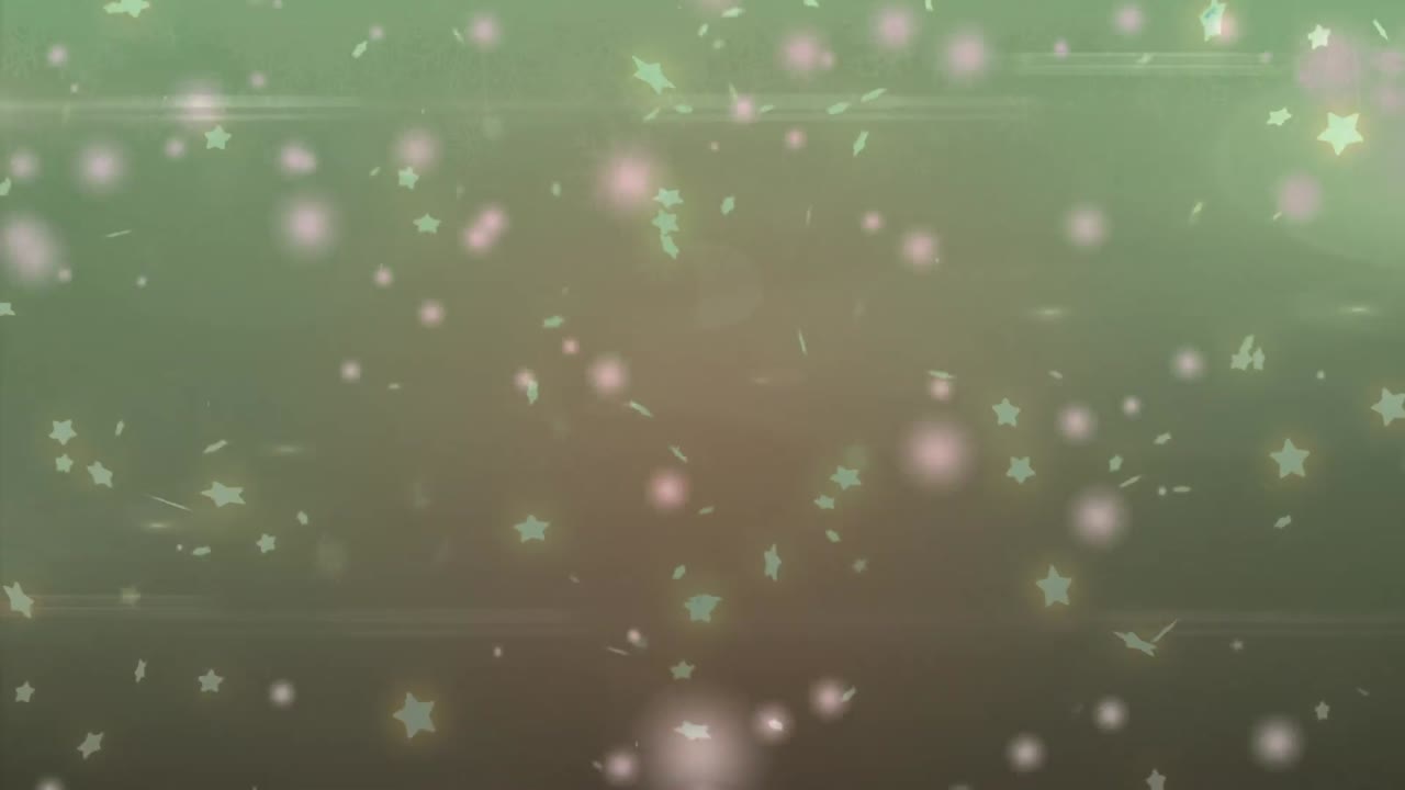 녹색 배경에 복사 공간과 함께 떨어지는 분홍색 빛 반점과 별 아이콘의 애니메이션