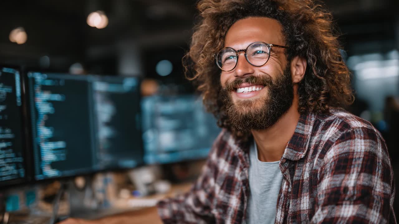 Joyful Programmer in a Modern Workspace Enjoying Coding and Technology with a Big Smile While Surrounded by Computer Screens Displaying Code