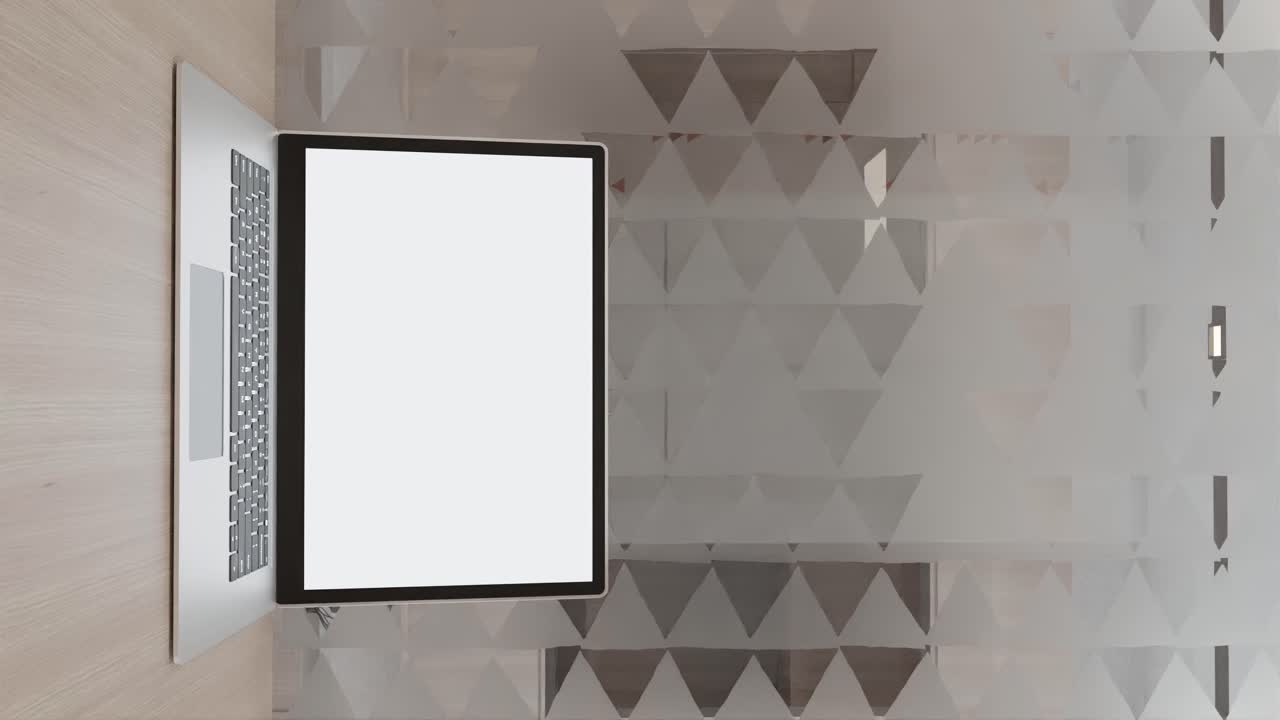 vertical office desk with laptop computer blank empty white greenscreen mockup background for advertising, tech finance workspace cubicle, Business software website technology, push in slider movement