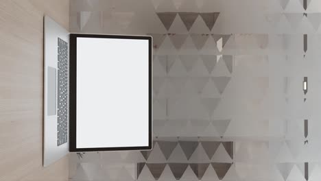verticaal kantoor bureau met laptop computer leeg wit groenscreen mockup achtergrond voor reclame, tech finance workspace cubicle, business software website technologie, push in slider beweging