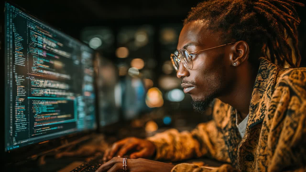 Focused Programmer Analyzing Code on Multiple Monitors in a Dimly Lit Workspace, Showcasing the Art of Software Development and Tech Innovation
