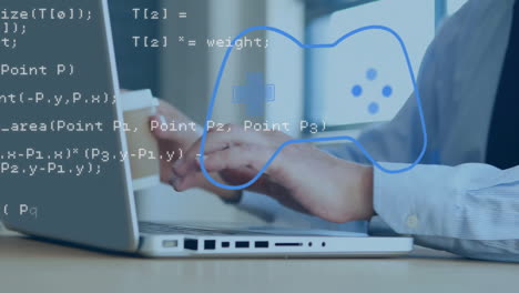 animación de procesamiento de datos digitales y video pad sobre empresario caucásico usando portátil