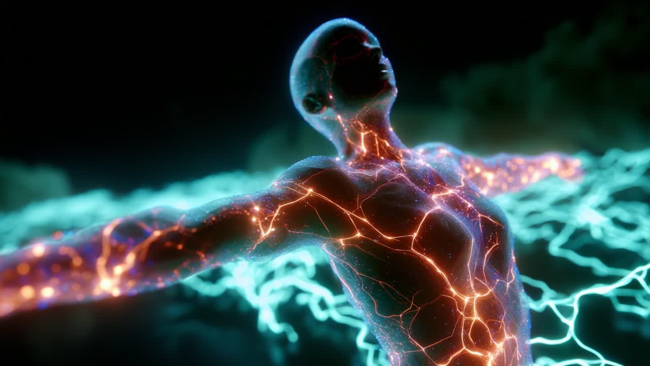 A mesmerizing electric figure, portraying a surreal humanoid shape with glowing veins, set against a dynamic background of flowing electric currents and ethereal lights, symbolizing energy and vitality
