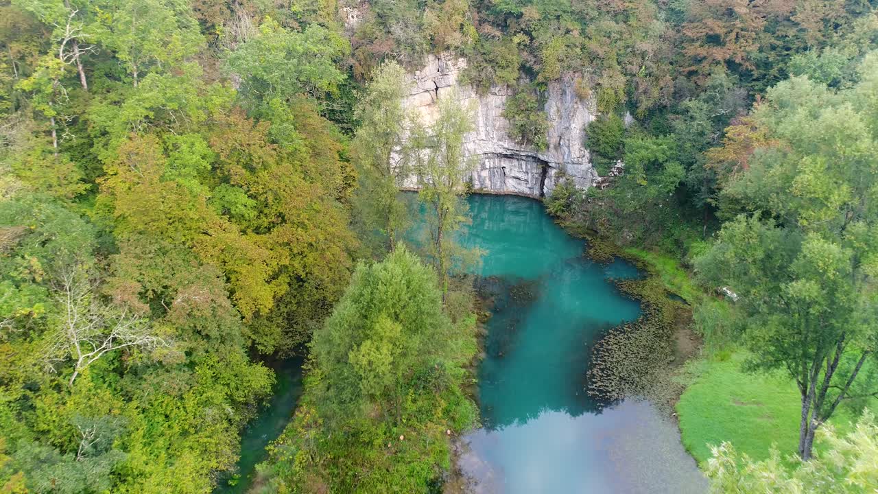 Drone flying over a tree in the middle of nature. Revealing stunning little lake. Slovenija