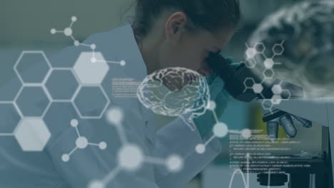 animación de cerebro digital, moléculas y procesamiento de datos sobre científico caucásico en el laboratorio