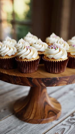 delicious frosted cupcakes on a wooden stand