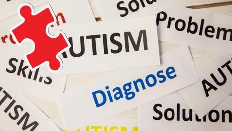 animación de piezas de rompecabezas rojas y amarillas que caen sobre texto de autismo sobre fondo blanco
