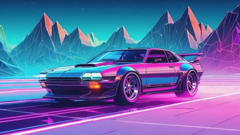 synthwave sports car in neon mountain landscape