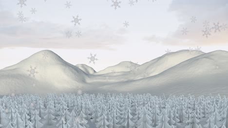 Animation-of-snow-falling-over-fir-tree-in-winter-landscape