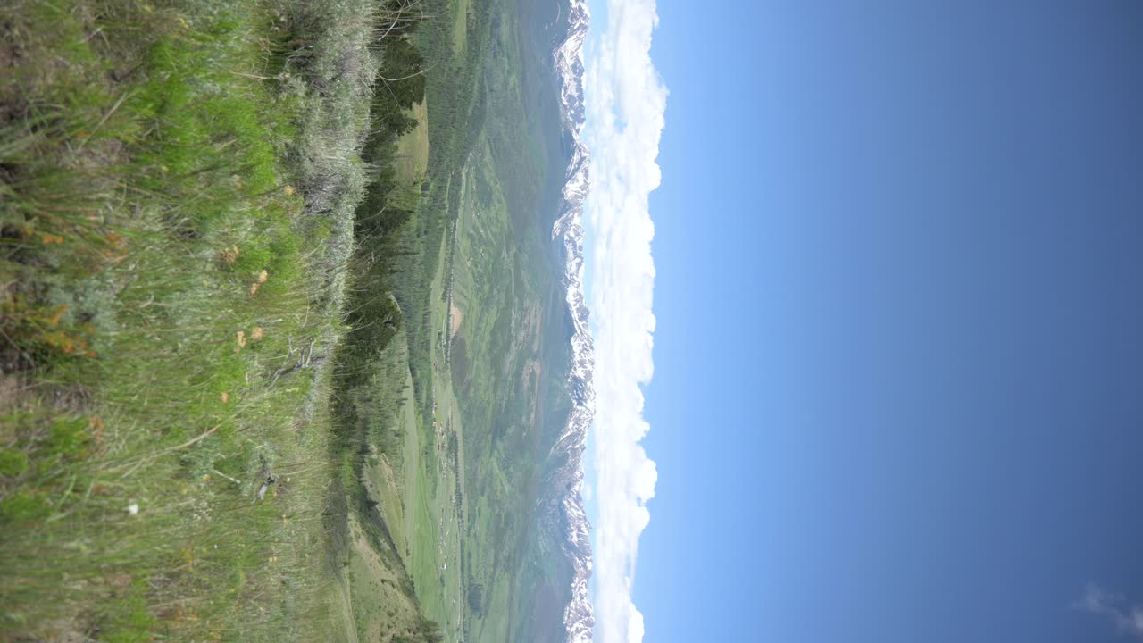 vista desde la parte superior de una ruta de senderismo de colorado con vistas a un valle verde con montañas cubiertas de nieve, vertical