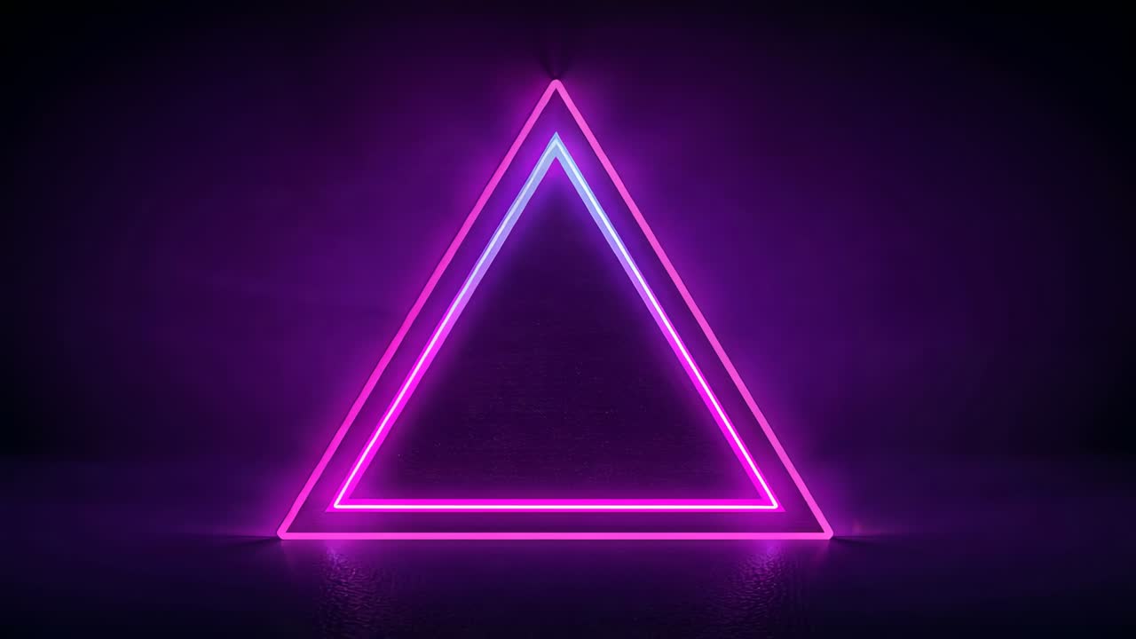 Moving camera revealing nested neon triangles pulsing on reflective studio floor, magenta cyan glow