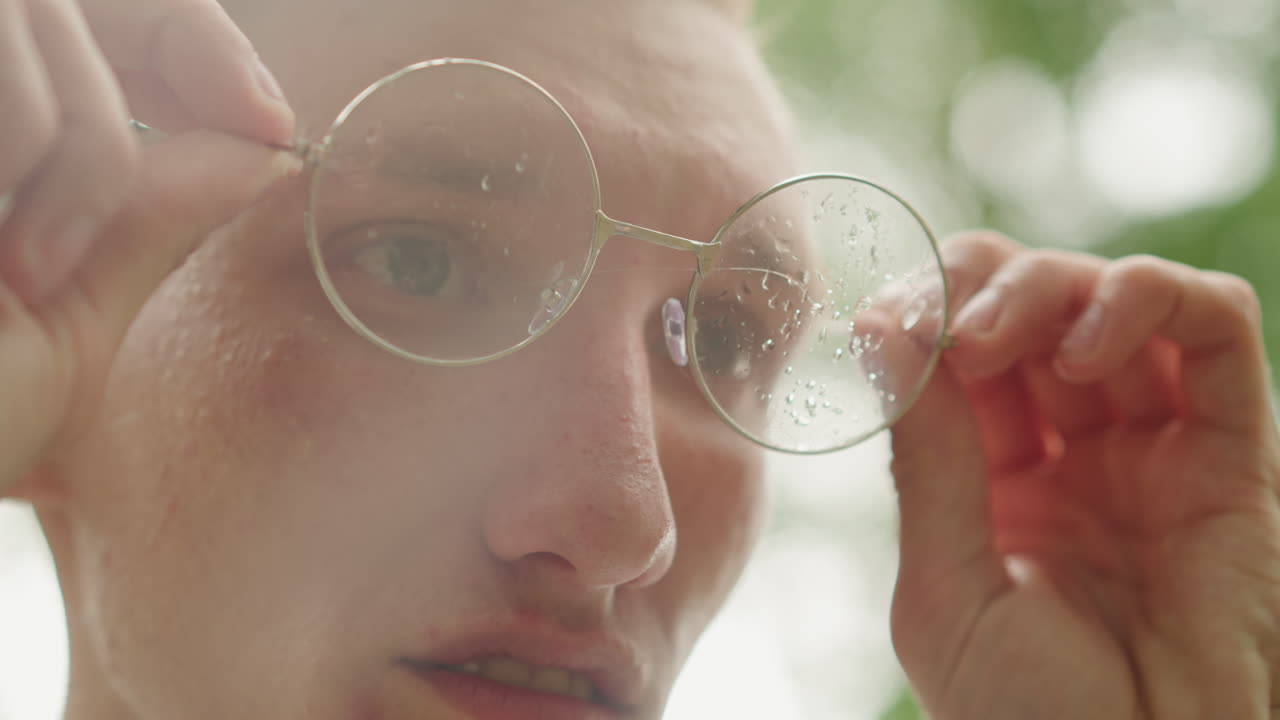 젖은 안경을 주의 깊게 살펴보는 클로즈업된 백인 디자이너, 물방울이 흩뿌려진 둥근 금속 프레임, 초록 잎사귀 보케, 집중된 시선, 은은한 햇빛, 되찾은 듯 조심스럽게 조정해요.