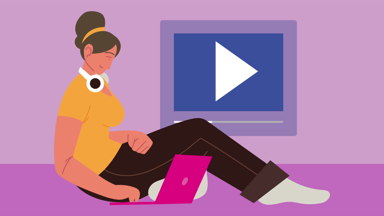 미디어 플레이어와 함께 노트북을 사용하는 젊은 여성