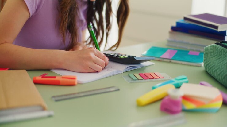 Una joven colegiala cuenta con una calculadora, estudia y hace sus deberes de matemáticas
