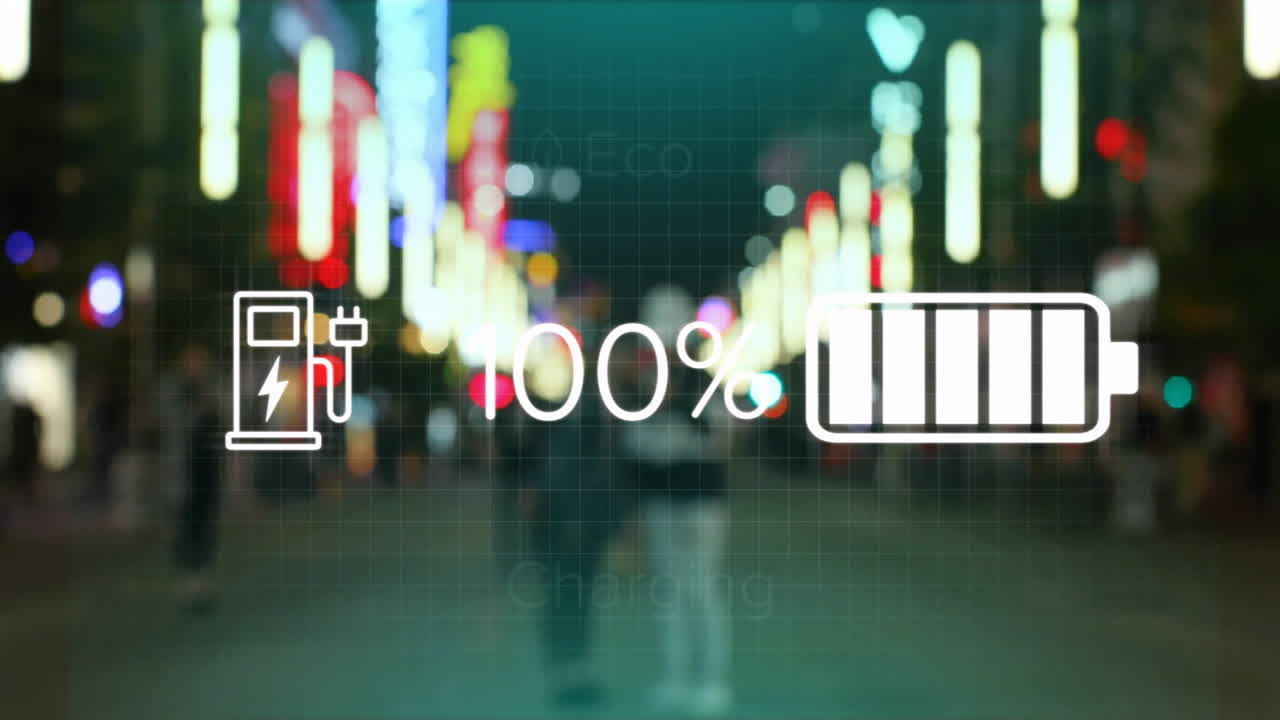 에코 및 배터리 아이콘으로 흐릿한 도시 거리에 대한 충전 애니메이션