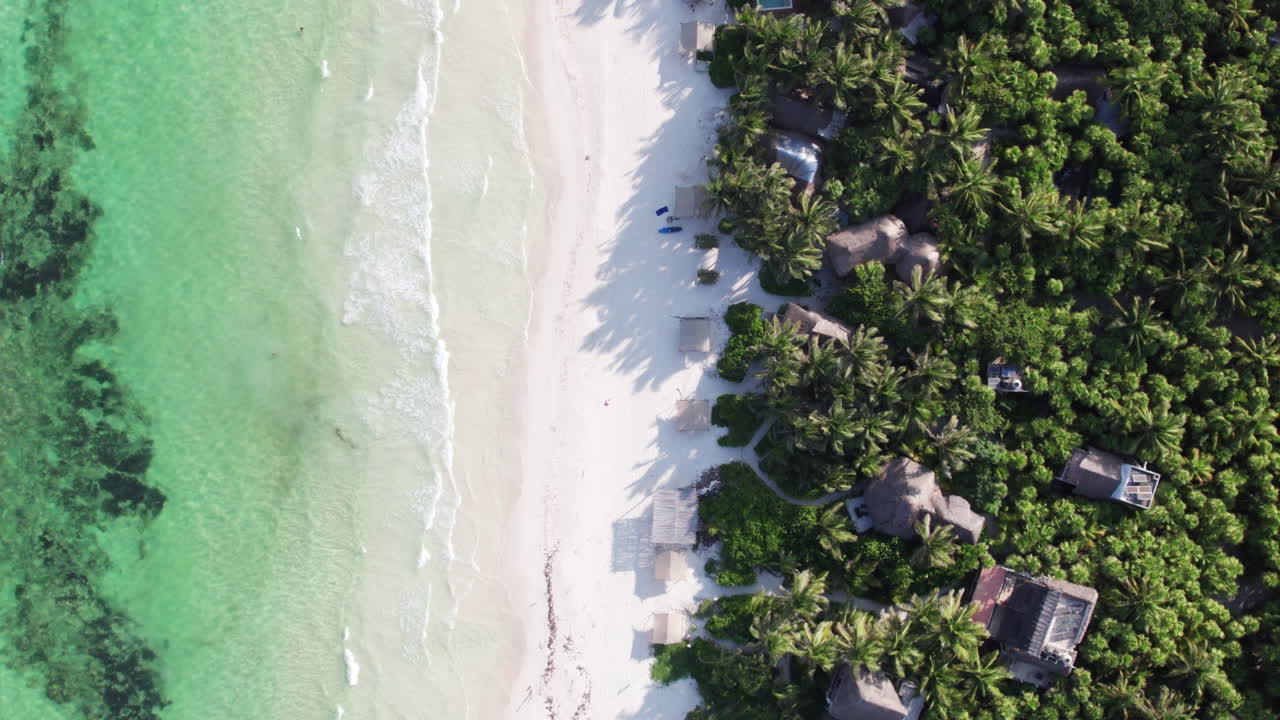 fotografía aérea de arriba hacia abajo de las olas ondulantes en una playa de arena blanca con océano cristalino y cabañas y chozas rodeadas de palmeras en tulum, méxico