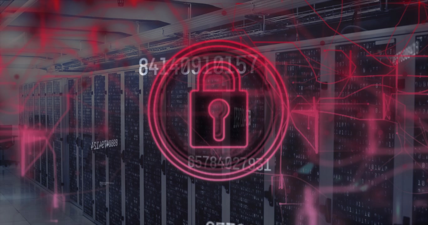 Animation of padlock in circle, numbers and abstract pattern against server room in background