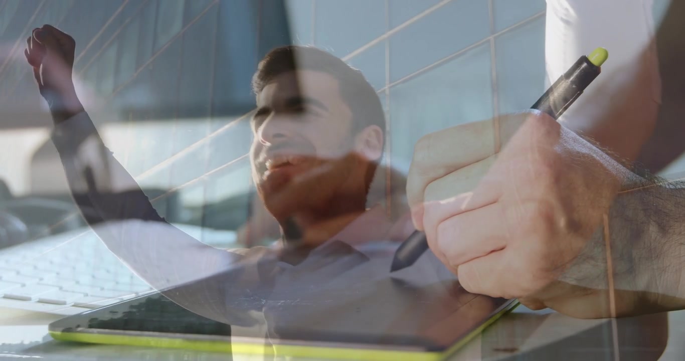 Animation of walking businessman over man using computer