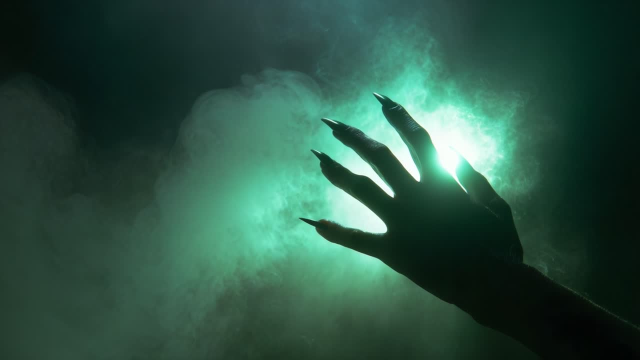 A Mysterious Hand Emerges from Enveloping Green Mist, Signifying Darkness and Intrigue in a Haunted Atmosphere of Enigmatic Shadows and Eerie Lights