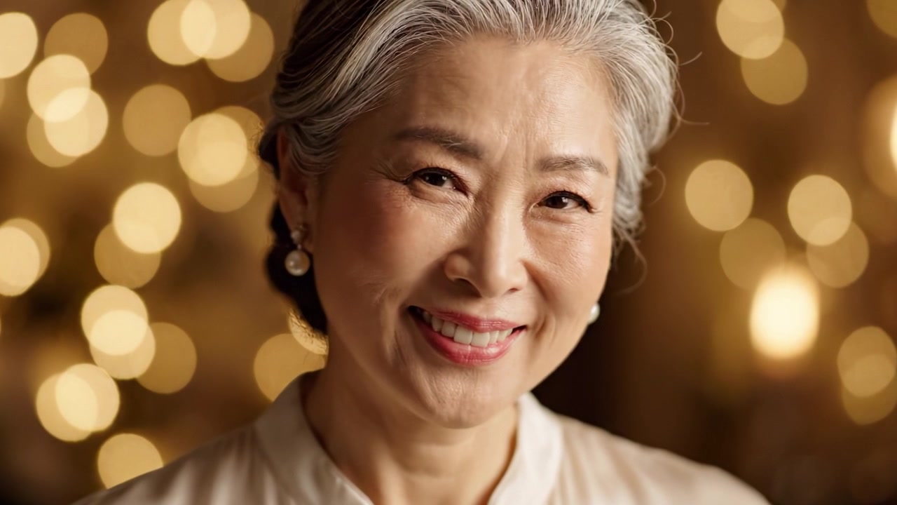 一位快樂的銀髮年長女性在閃爍燈光背景下溫暖地微笑，在歡樂的慶祝氛圍中散發智慧與優雅
