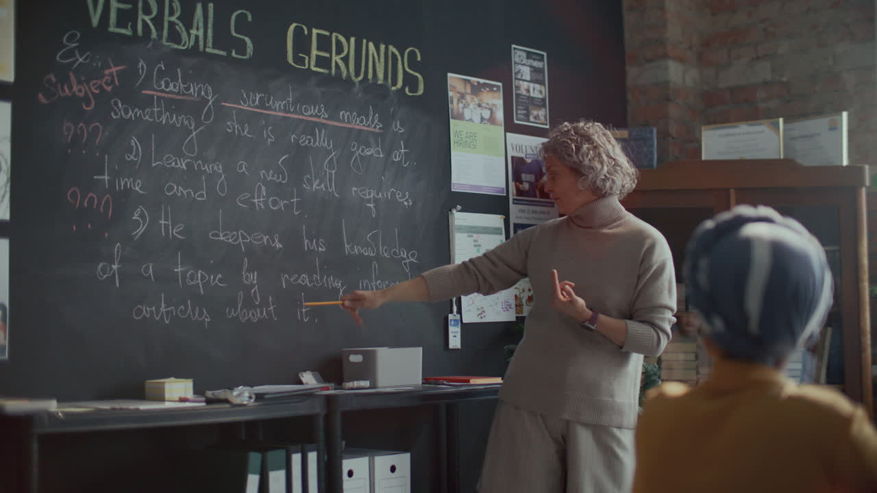 maestra explicando las reglas de gramática a los estudiantes en la clase de inglés