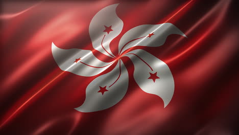 flag of hong kong, high-angle, perspective view, waving in the wind, realistic with a cinematic look and feel, and elegant silky texture