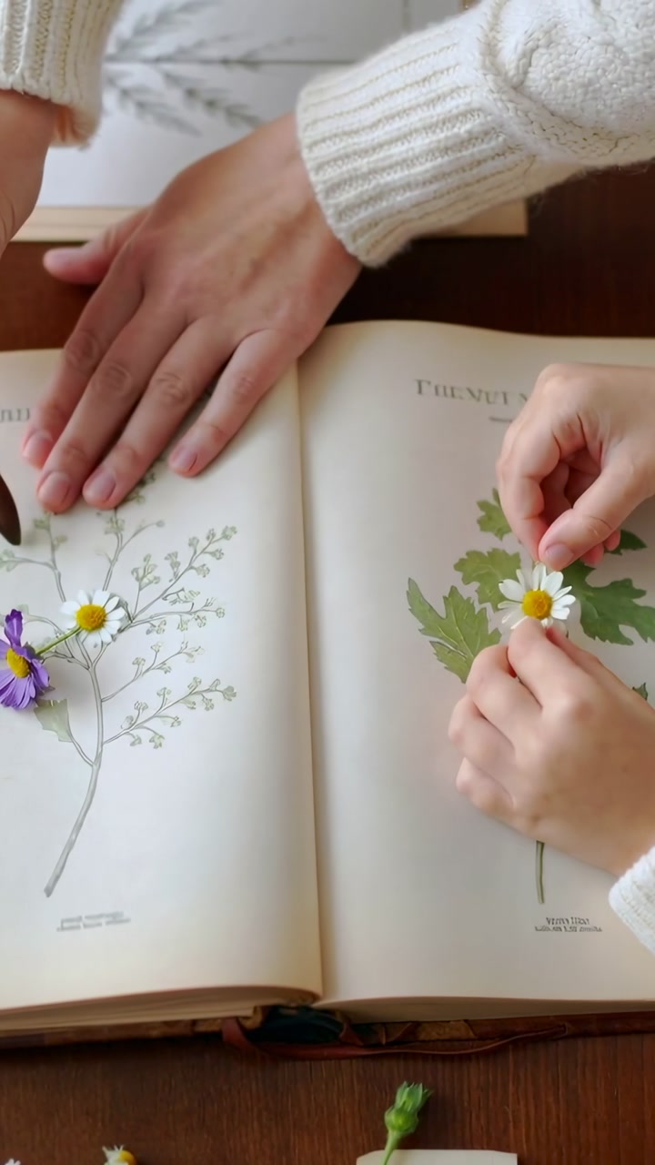 Close-up of Hands Arranging Pressed Flowers on a Botanical Illustration Book