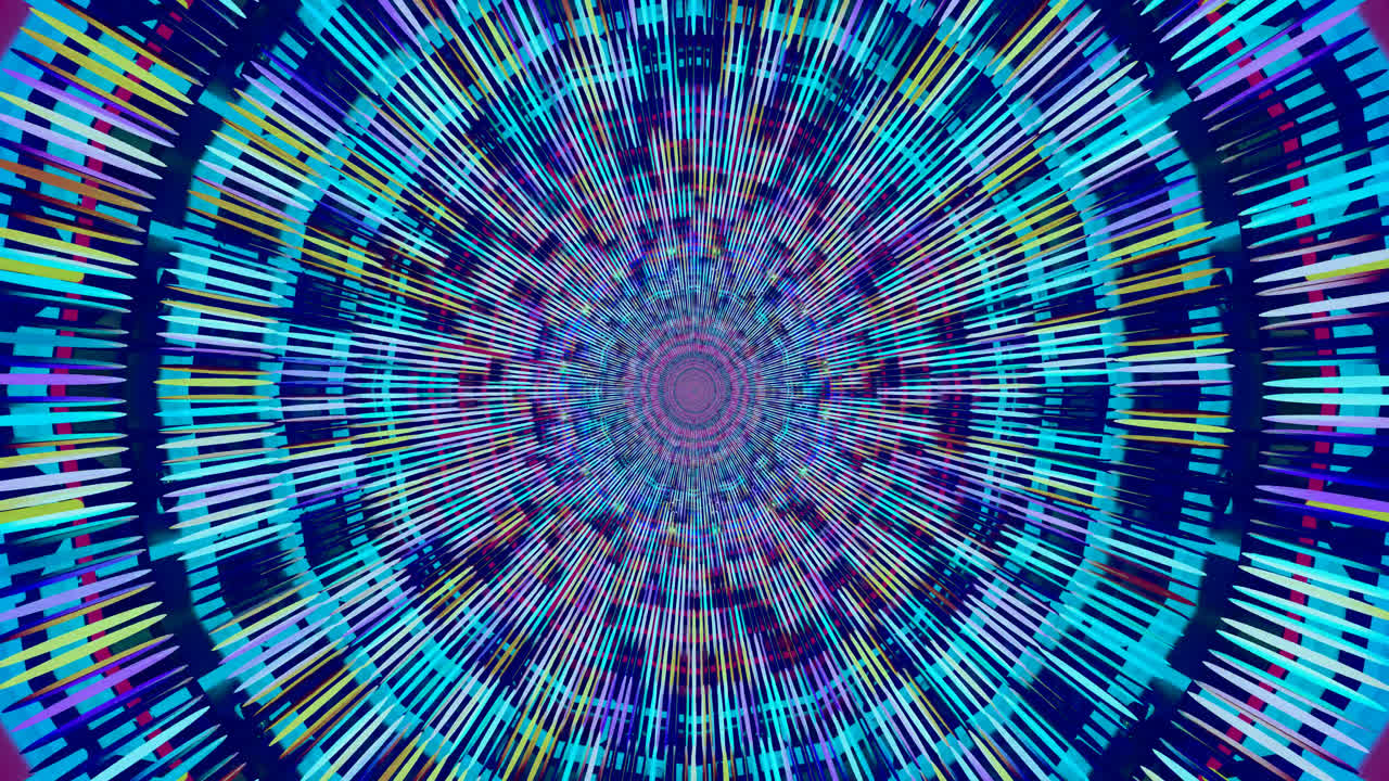 Colorful, dynamic patterns emerge and warp in a continuous loop, forming a vibrant tunnel of light and motion that invites viewers into a calming, immersive experience. Ideal for enhancing any space