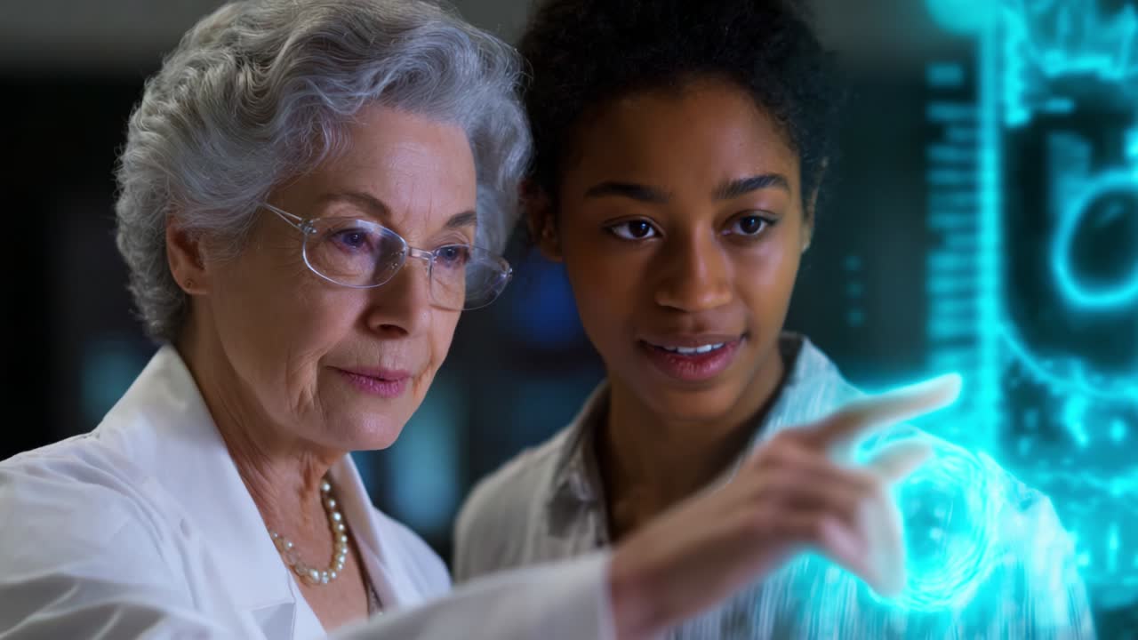 A Senior Scientist and a Young Assistant Collaborate on Advanced Technological Research, Analyzing Holographic Data Visualizations in a Modern Laboratory Environment