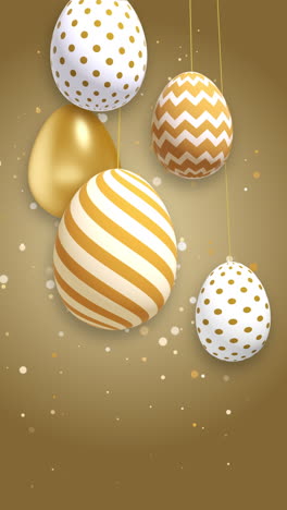 golden easter eggs with patterns hang on strings. shiny gold particles on yellow background. looped christian holiday animation. vertical video.