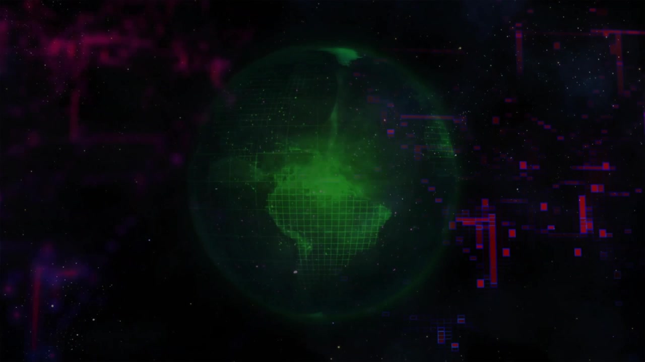 Globo verde digitale che ruota in uno spazio cibernetico astratto