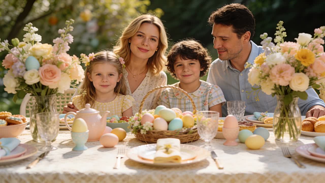 Leaning family in spring clothes posing and smiling after camera cue in garden with pastel eggs