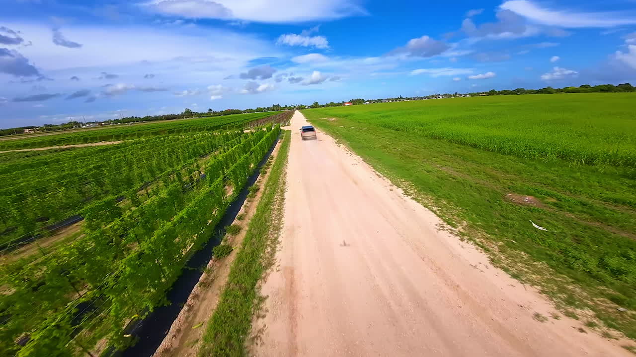 Following a futuristic Tesla Cybertruck riding by the ground road in the green fields. Beautiful blue sky with fluffy clouds at backdrop. FPV drone footage.